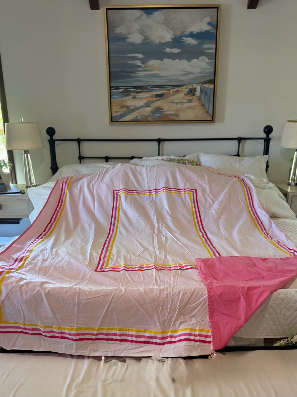 Pottery Barn Kids Pink Duvet Cover with Yellow & Fuchsia Stripe Accents